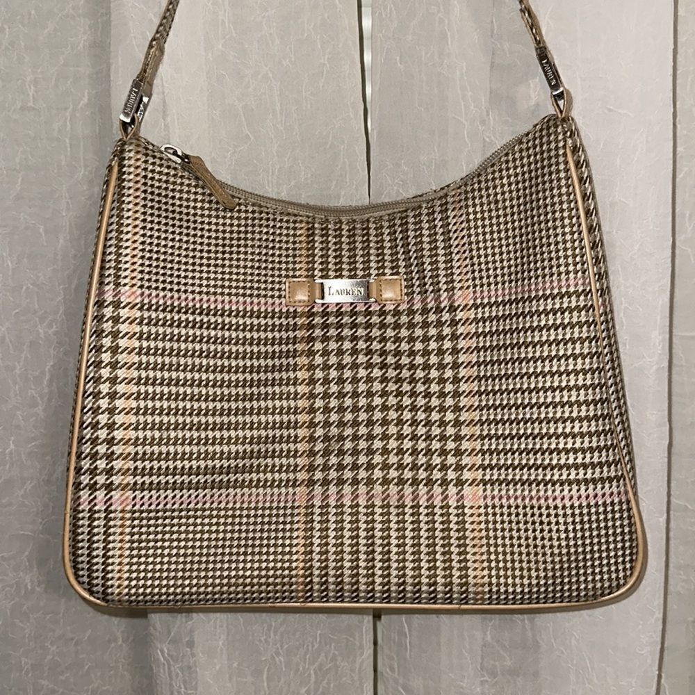 LRL Ivory Tan White Pink Gold Houndstooth Leather Silver Tone Hardware Hobo Bag